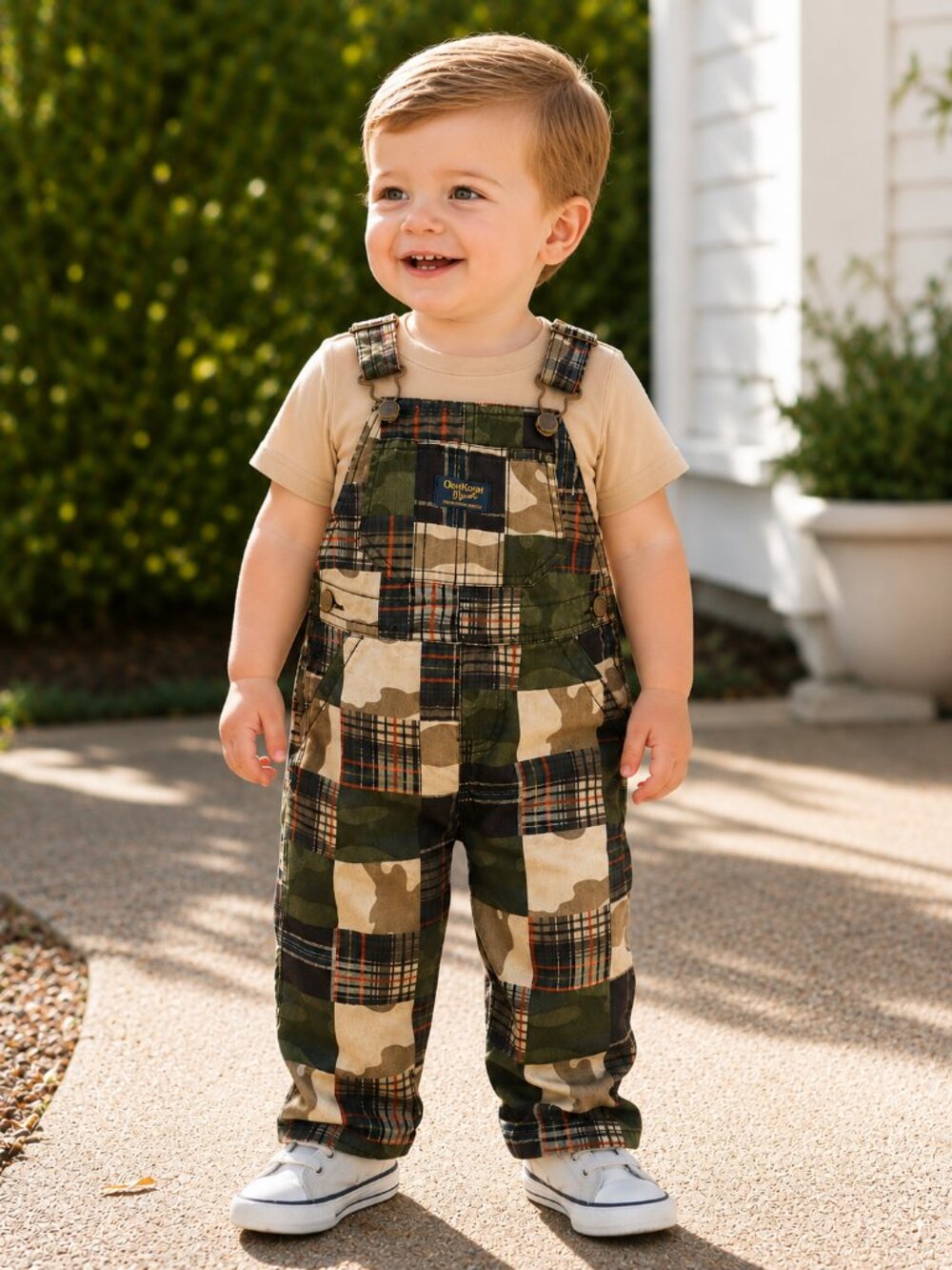 NWT Vintage OshKosh B’gosh Toddler Boys Overalls 18M Camo Plaid Patchwork